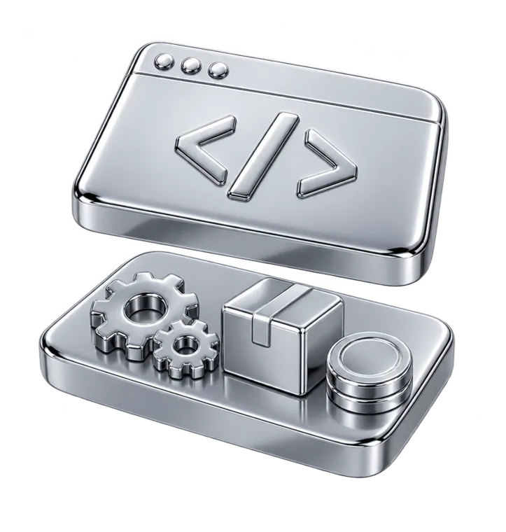 A website layer floating above a commerce engine of gears, parcels and payments